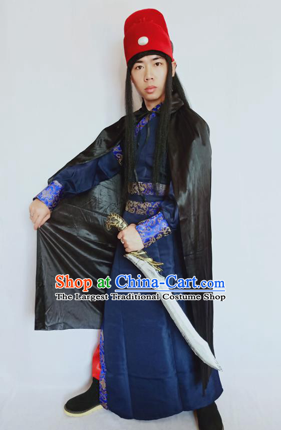 Top China Ancient Swordsman Blue Robe Apparels Cosplay Imperial Bodyguard Clothing Ming Dynasty Knight Garment Costumes and Hat