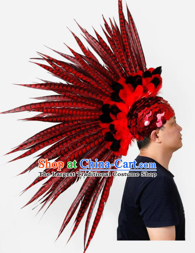 Handmade Halloween Male Headwear Stage Performance Hair Accessories Rio Carnival Red Feather Hat Cosplay Warrior Headdress