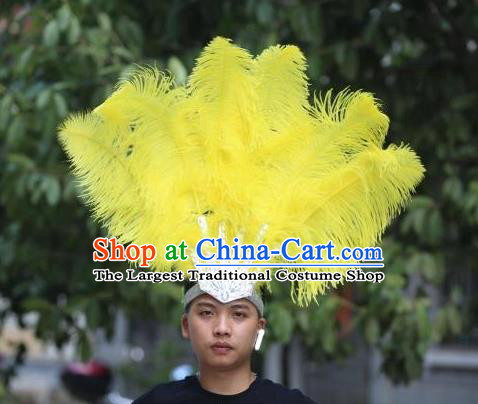 Handmade Samba Dance Hair Crown Rio Carnival Yellow Ostrich Feather Hat Halloween Male Headwear Stage Performance Hair Accessories