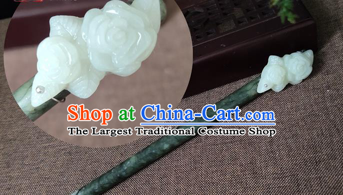 China Jade Rose Hair Stick Classical Cheongsam Headpiece Handmade Carving Hairpin Traditional Hair Accessories