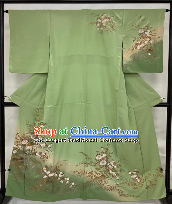 Japanese Traditional Ceremony Clothing Classical Chrysanthemum Pattern Tsukesage Kimono Costume Young Female Green Yukata Dress
