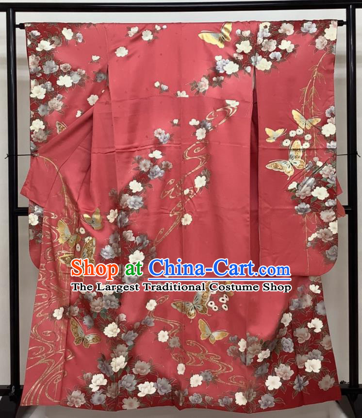 Japanese Traditional Wedding Ceremony Clothing Classical Peony Butterfly Pattern Furisode Kimono Costume Bride Pink Silk Yukata Dress