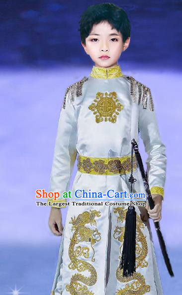 Top China Compere Garment Costumes Children Kung Fu Performance Clothing Catwalks Prince Fashion Boys Stage Show White Tang Suits