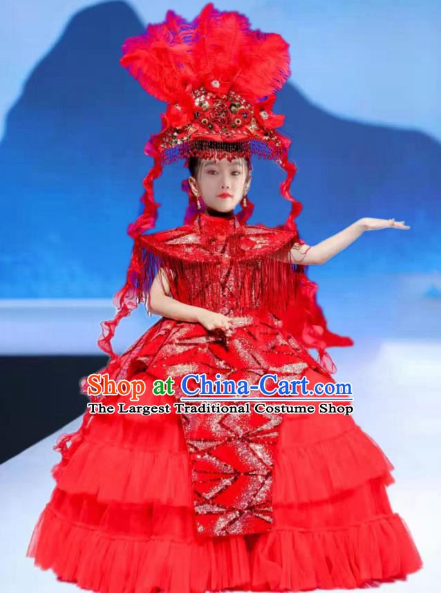 Custom Stage Show Red Veil Full Dress Baroque Queen Fashion Piano Recital Formal Clothing Girl Catwalks Garment Costumes