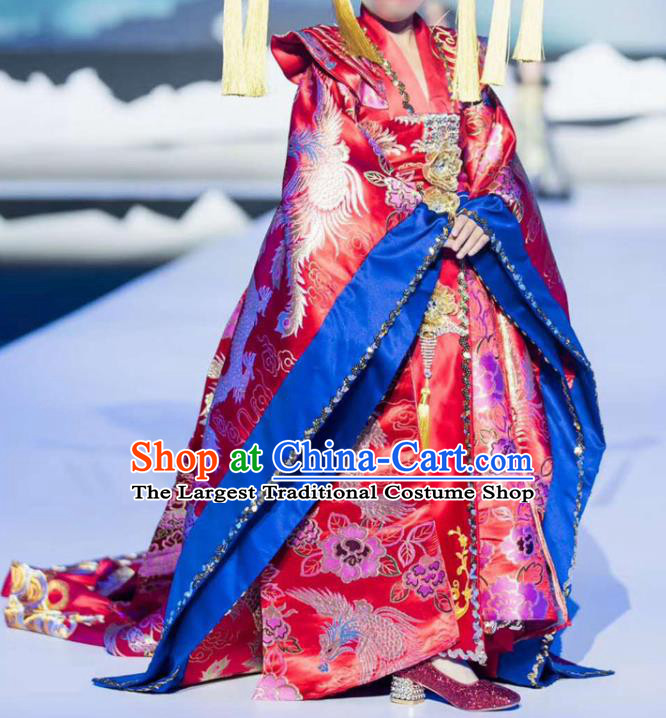 Chinese Girl Catwalk Show Red Brocade Trailing Dress Ancient Empress Garment Costume Children Model Attire Stage Performance Fashion Clothing