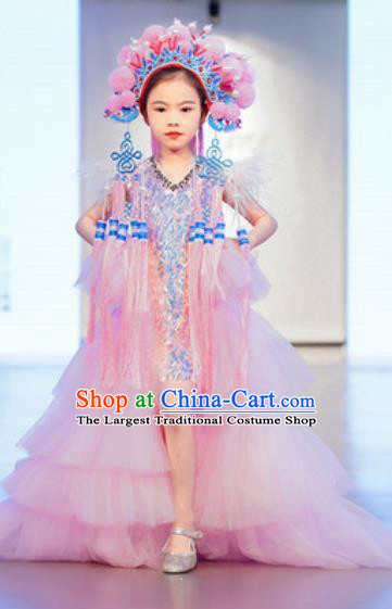 Custom Children Catwalks Garment Costume Piano Recital Pink Full Dress Girl Princess Fashion Modern Dance Clothing