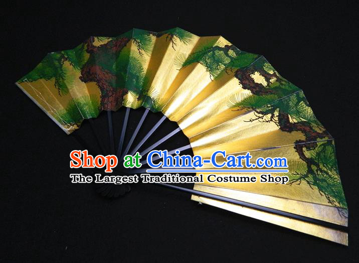 Japan Geisha Performance Accordion Classical Dance Folding Fan Traditional Pine Pattern Golden Fan Handmade Ebony Craft Fans