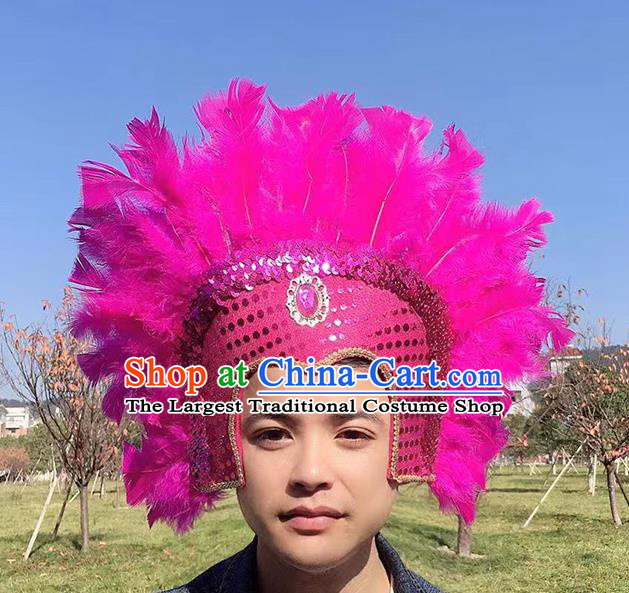 Professional Halloween Cosplay Wild Man Rosy Feather Hat Samba Dance Hair Accessories Apache Tribal Chief Headwear Stage Show Headdress