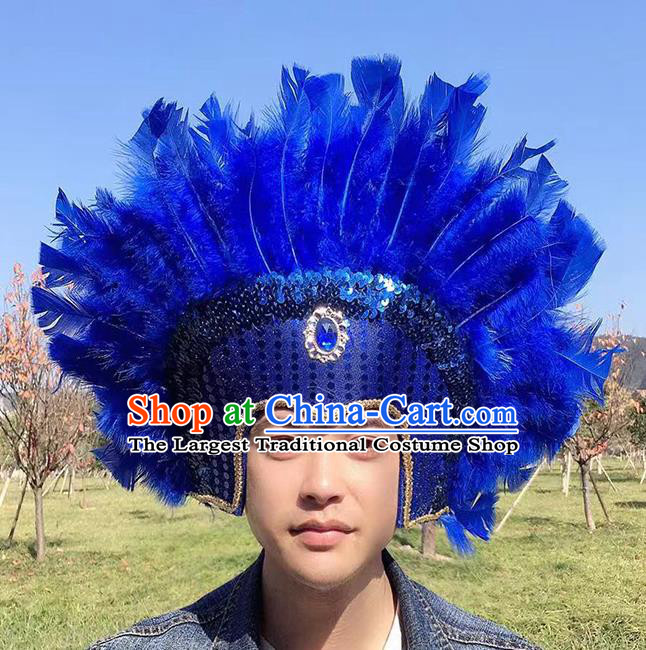 Professional Apache Wild Man Headdress Halloween Cosplay Royalblue Feather Hat Samba Dance Hair Accessories Tribal Chief Headwear