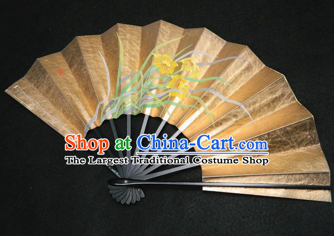 Japan Traditional Dance Folding Fan Geisha Performance Orchids Sakura Painting Fan Woman Accordion Handmade Ebony Fan