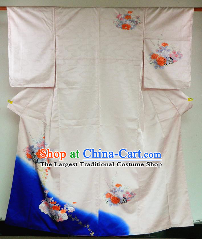 Japanese Young Woman Garment Costume Classical Hydrangea Pattern Light Pink Silk Yukata Dress Traditional Tsukesage Kimono Clothing