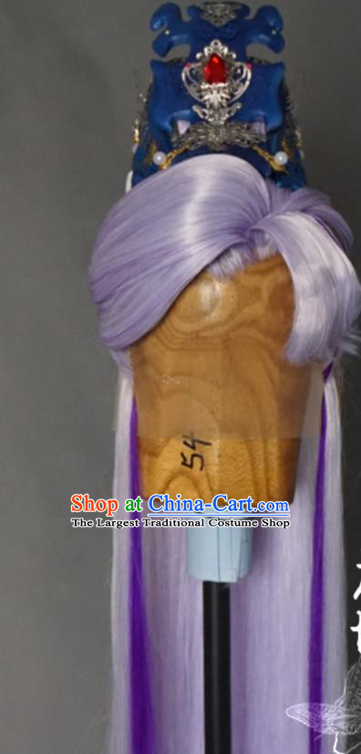 Chinese Traditional Puppet Show Swordsman Murong Ning Hairpieces Handmade Ancient Taoist Priest Headdress Cosplay Knight Lilac Front Lace Wigs and Hair Crown