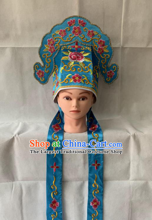 Handmade China Peking Opera Xiaosheng Embroidered Blue Hat Beijing Opera Niche Headwear Ancient Scholar Helmet Headdress