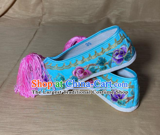 Handmade China Ancient Bride Shoes Peking Opera Princess Blue Satin Shoes Beijing Opera Hua Tan Shoes Wedding Embroidered Shoes