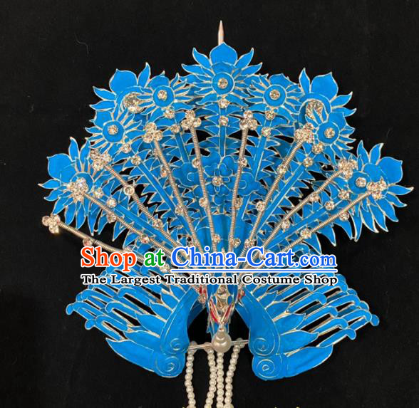 Chinese Peking Opera Empress Blue Phoenix Hair Crown Traditional Opera Diva Hairpin Beijing Opera Hua Tan Hair Accessories