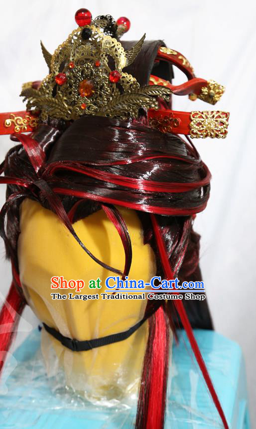 Handmade China Ancient Immortal Red Wigs and Hair Crown Hairpieces Cosplay King Hair Accessories Traditional Puppet Show Swordsman Headdress