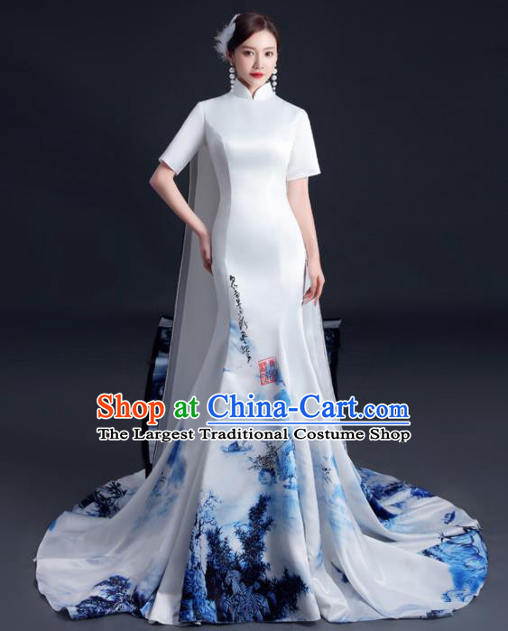 China Professional Catwalks Full Dress Dinner Party Formal Garment Compere Ink Painting Landscape Trailing Dress