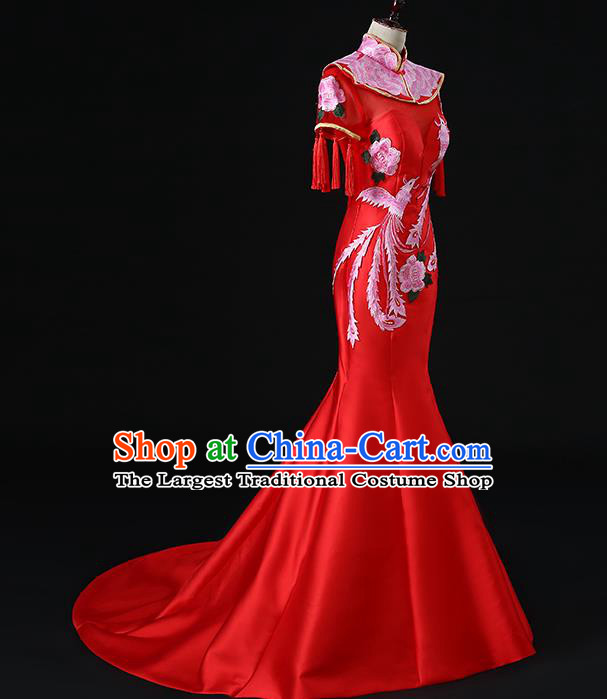 China New Year Red Formal Costume Compere Qipao Dress Professional Catwalks Embroidery Phoenix Peony Full Dress