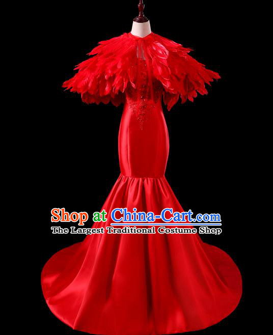 China Professional Catwalks Full Dress New Year Formal Costume Compere Red Feather Cappa Dress