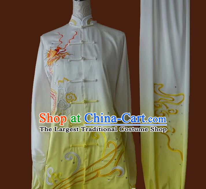 Top Embroidered Dragon Tai Chi Championship Costumes Martial Arts Qi Gong Clothing Tai Ji Competition Gradient White to Yellow Uniform