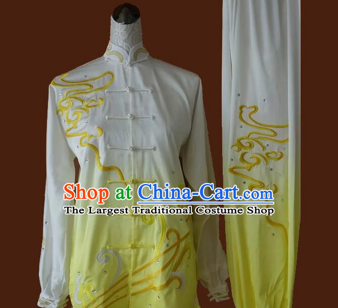 Top Tai Ji Competition Gradient White to Yellow Uniform Embroidered Clouds Tai Chi Championship Costumes Martial Arts Qi Gong Clothing