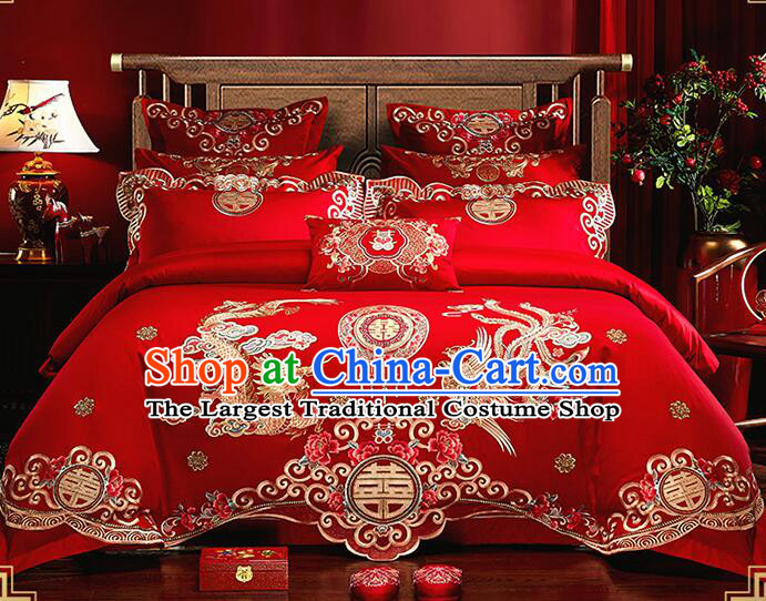 Top Cotton Bedding Items Chinese Wedding Bedclothes Embroidery Dragon and Phoenix Four Pieces Set