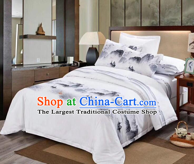 Chinese Ink Painting White Four Pieces Bedding Items Set Top Cotton Bedclothes