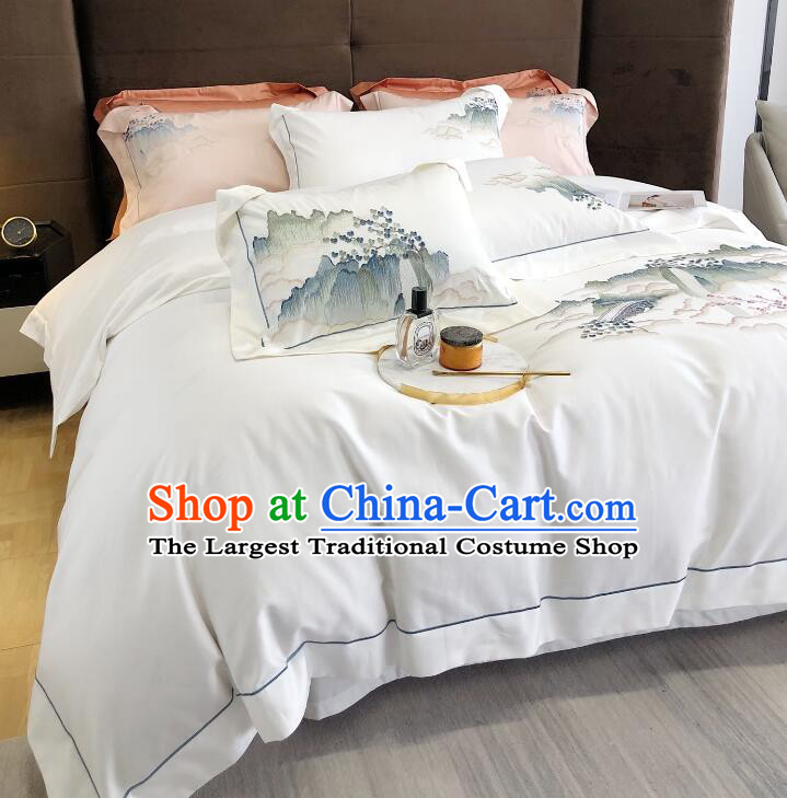 Top Cotton Landscape Bedclothes Chinese Embroidery White Four Pieces Bedding Items Set