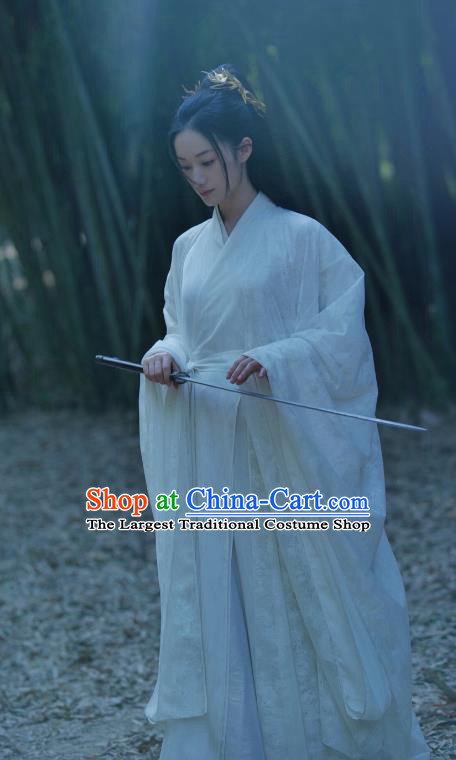 Chinese Ancient Swordswoman White Dress Clothing Love Between Fairy and Devil Xie Wan Qing Garment Costumes