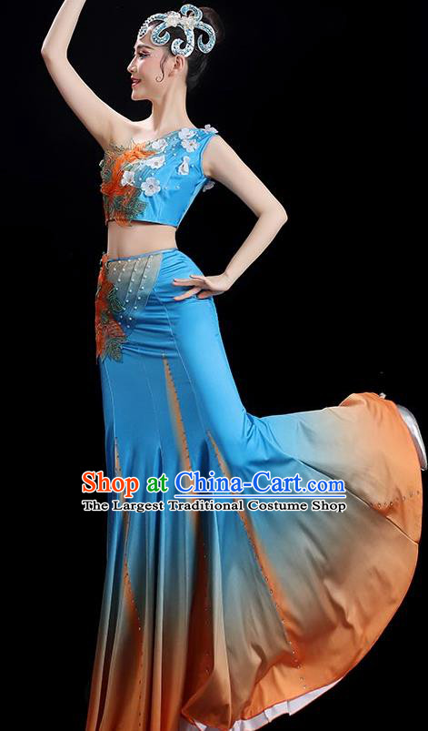 Chinese Woman Solo Dance Dress Dai Nationality Dance Costume Stage Performance Blue Outfit Peacock Dance Clothing