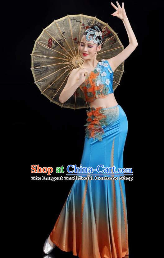 Chinese Woman Solo Dance Dress Dai Nationality Dance Costume Stage Performance Blue Outfit Peacock Dance Clothing