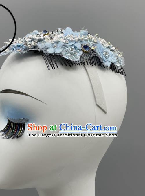 Chinese Woman Solo Dance Blue Headpiece Folk Dance Hair Jewelry Yangko Dance Headdress