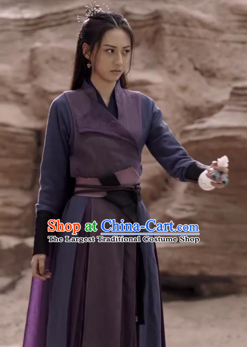 Chinese TV Series Female Warrior Clothing The Blue Whisper Xue San Yue Garment Costumes Ancient Swordswoman Purple Dresses