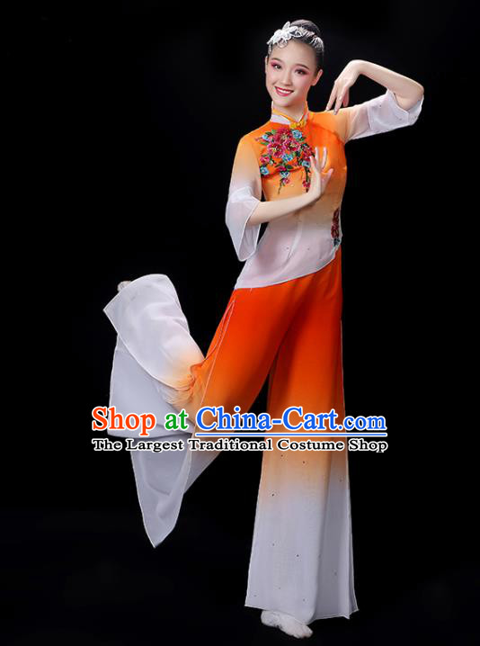 Chinese Folk Dance Gradient Orange Outfit Professional Stage Performance Garment Costume Fan Dance Clothing