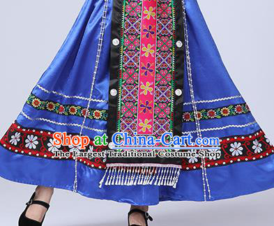 China Ethnic Festival Clothing Yunnan Minority Folk Dance Costume Yi Nationality Women Blue Dress