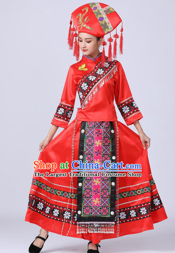 China Yi Nationality Women Red Dress Ethnic Festival Clothing Yunnan Minority Folk Dance Costume