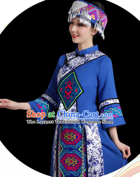 China Xiangxi Minority Folk Dance Costume Tujia Nationality Blue Dress Ethnic Women Festival Clothing