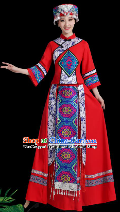 China Ethnic Women Festival Clothing Xiangxi Minority Folk Dance Costume Tujia Nationality Red Dress