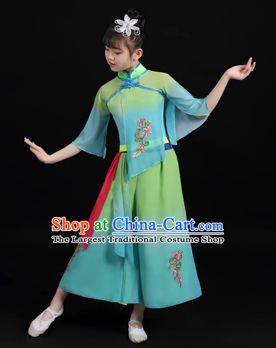 Chinese Professional Fan Dance Garment Costume Children Umbrella Dance Clothing Folk Dance Gradient Blue Outfits