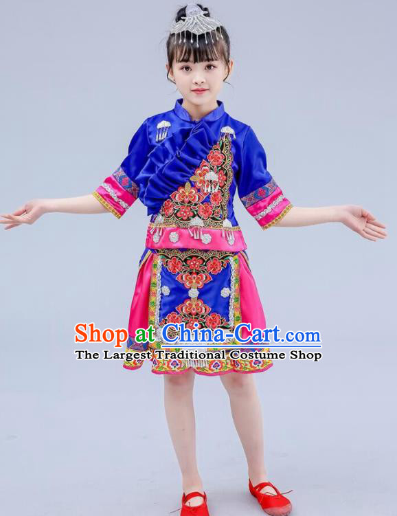 China Zhuang Nationality Royal Blue Dress Guangxi Ethnic Festival Clothing Minority Children Folk Dance Costume