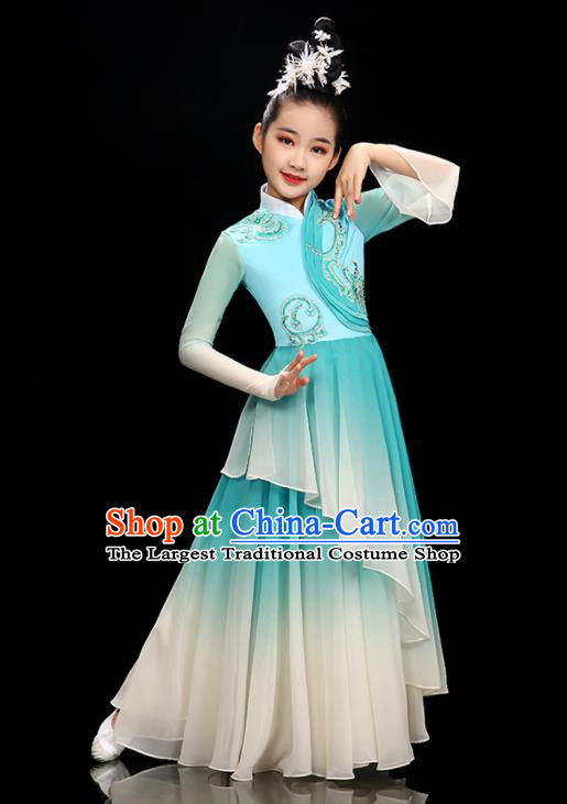 Chinese Stage Performance Dancewear Children Fan Dance Clothing Classical Dance Garment Costume Umbrella Dance Blue Dress