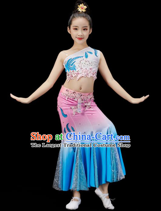 Chinese Traditional Peacock Dance Clothing Children Dance Dress Uniform Stage Performance Garment Costumes Classical Dance Dress
