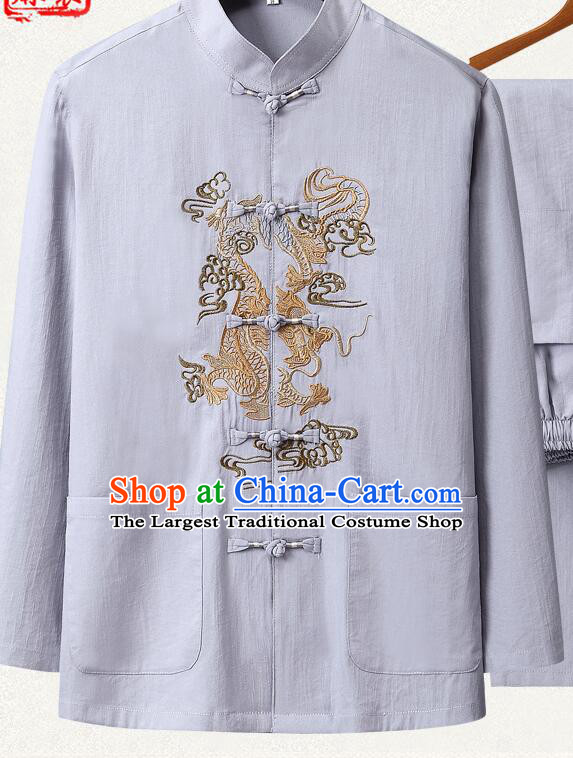 Chinese Embroidered Dragon Shirt Traditional Grey Linen Upper Outer Garment