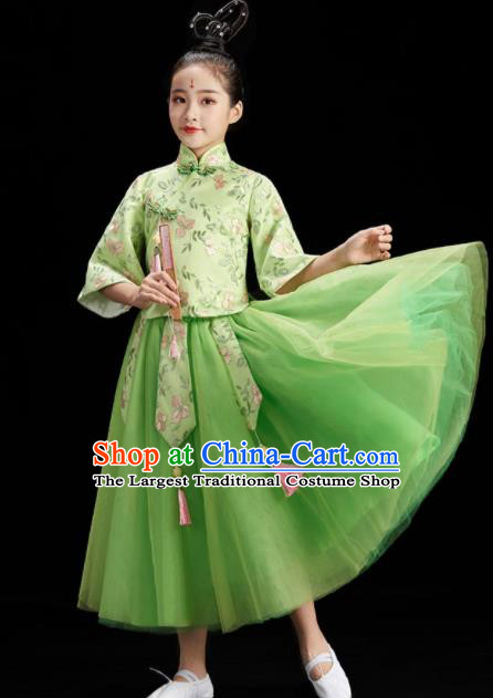 Chinese Children Group Dance Clothing Umbrella Dance Costume Stage Performance Green Dress Outfit Fan Dance Garment