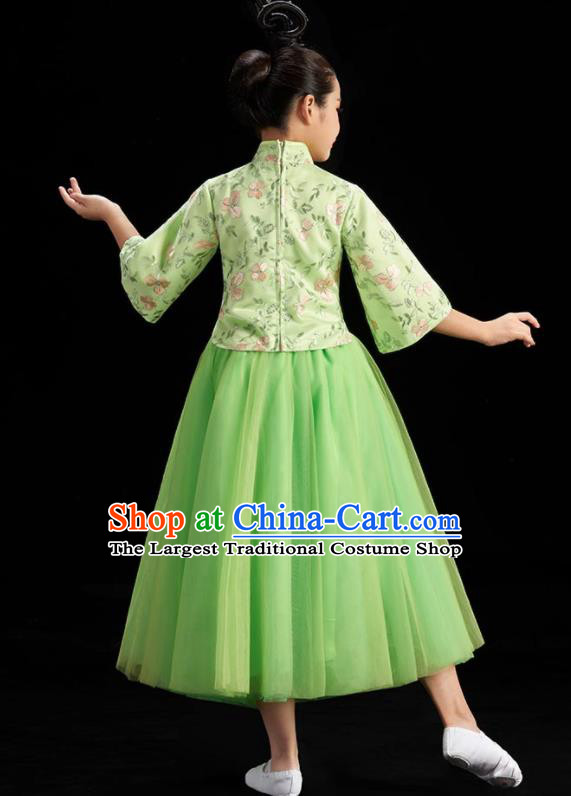 Chinese Children Group Dance Clothing Umbrella Dance Costume Stage Performance Green Dress Outfit Fan Dance Garment