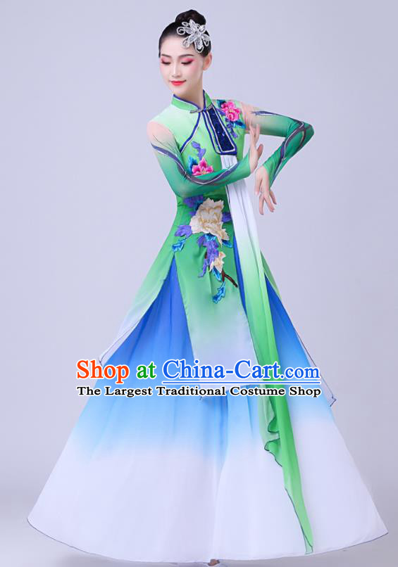 China Classical Dance Green Dress Stage Performance Chiffon Clothing Umbrella Dance Attires Fan Dance Garment Costume