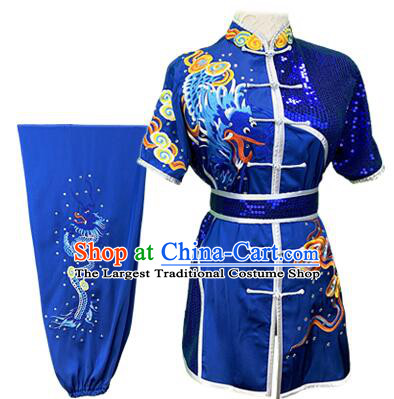 Chinese Embroidered Dragon Royal Blue Outfit Martial Arts Changquan Uniforms Kung Fu Costumes Traditional Wushu Competition Clothing