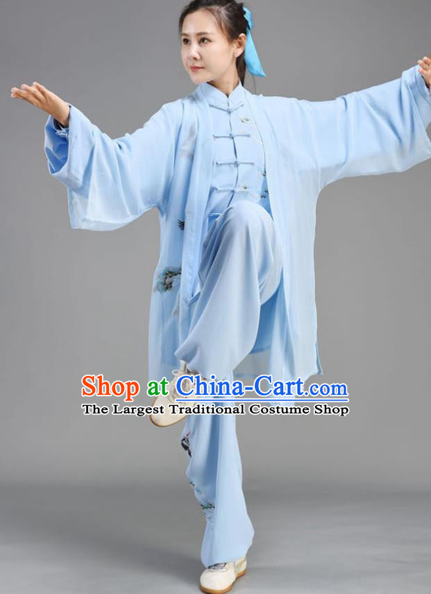 Chinese Tai Chi Competition Clothing Tai Ji Performance Outfits Traditional Kung Fu Garments Embroidered Pine Light Blue Uniform