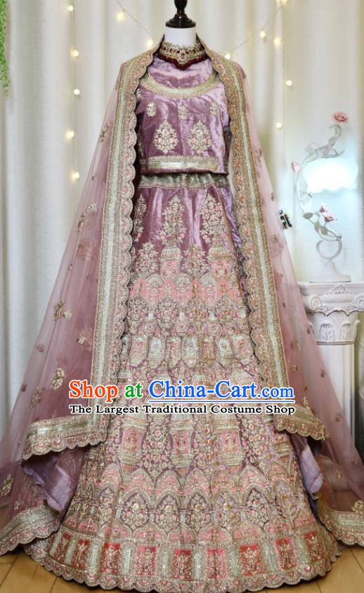 Indian Wedding Dress Top Embroidered Lilac Lengha Outfit India Bride Clothing Traditional Garment Costumes