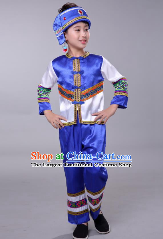 Chinese Tujia Minority Folk Dance Clothing Yi Nationality Boy Royal Blue Outfits Ethnic Festival Costumes